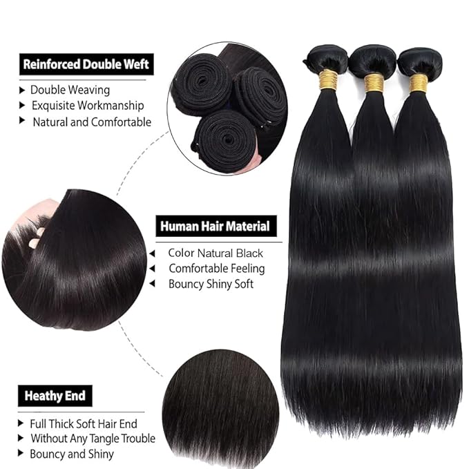 Straight Bundles Human Hair 3 Bundles 24 26 28 Inch Natural Color Double Weft Unprocessed Brazilian Virgin Remy Hair Straight Bundle Silky and Soft