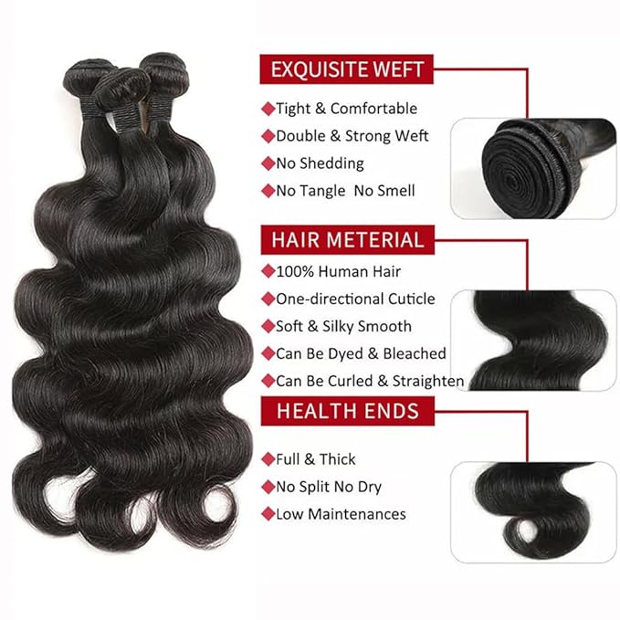Body Wave Human Hair 3 Bundles (14 14 14) 100% Unprocessed Brazilian Virgin Human Hair Extensions Brazilian Body Wave Weave Bundles Soft and Silky Natural Black Wavy Hair Quick Weave Bundle for Women