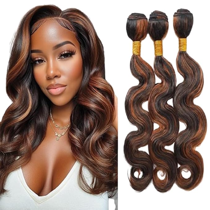 P1B30 Highlight Body Wave Bundles Black Mixed With Light Brown Body Wave Bundles Brazilian Wavy Weave With Soft and Silky for Women 12 12 12 Inch
