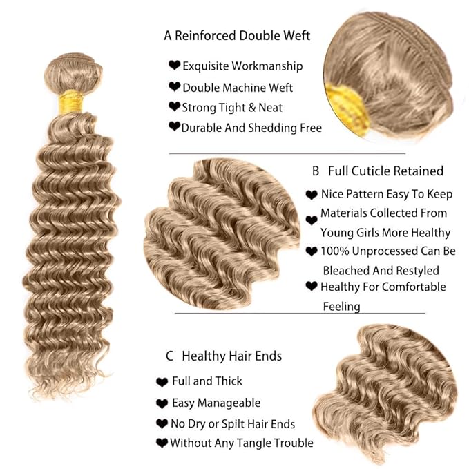 #22 Blonde Bundles Human Hair Deep Wave Bundles 26 28 30 Inch Human Hair Weave 3 Bundle Unprocessed Brazilian Virgin Hair Ash Blonde Deep Wave Human Hair Extensions 50 Grams/Bundle
