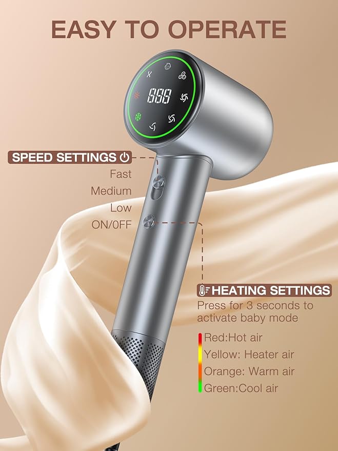 Hair Dryer, 160000 RPM High-Speed Ionic Low Noise Blow Dryer with Brushless Motor for Fast Drying, Thermo-Control Quiet Hair-Dryer with Diffuser and Nozzle for Home Travel Salon