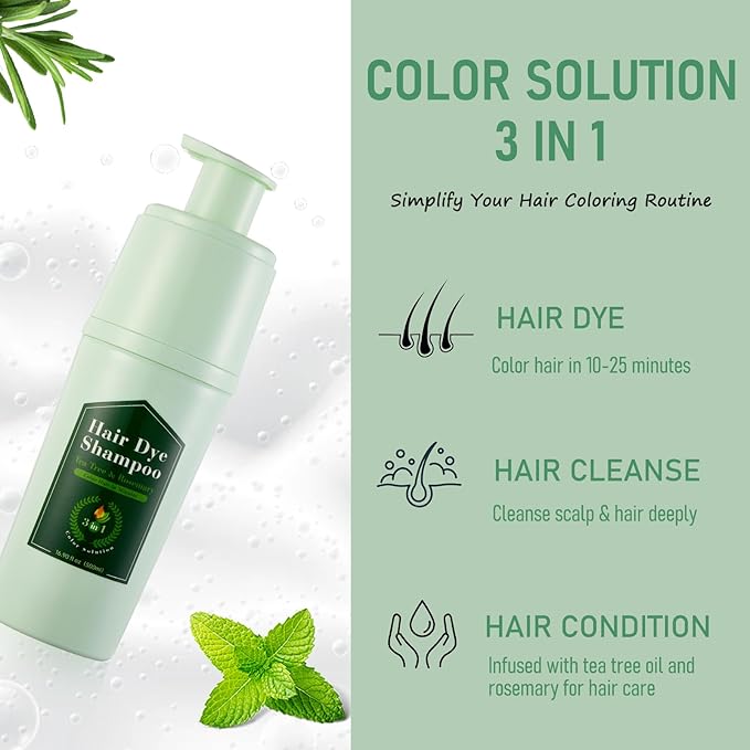 Black Hair Dye Shampoo 3 in 1, Hair Color Shampoo for Gray Hair, Tea Tree Black Hair Shampoo, Champu Para Canas, Gentle and Effective, Colors in Minutes, 16.90 Fl Oz