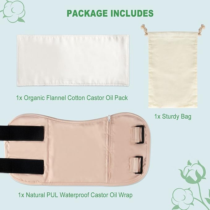 DEROWN Castor Oil Pack Wrap, Less Mess, Organic Cotton & Waterproof PUL, Reusable Massage Pack Kit with Anti Leak Design