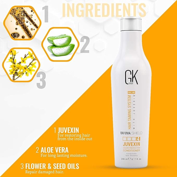 GK Hair Shield Conditioner 8.11 Fl Oz – UV Protection for Color Hair, Aloe Vera & Argan Infused, Sulfate and Paraben Free, Repairs Damage, Boosts Shine, Hydrating & Vegan