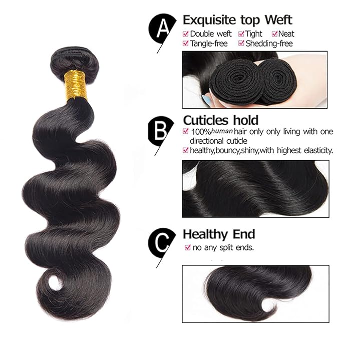 28 30 32 Inch Color 1B Human Hair Bundles Natural Black Body Wave Bundle Double Weft Color 1B Body Wave Bundles Niegmeag Virgin Soft and Silky Remy Hair Extensions