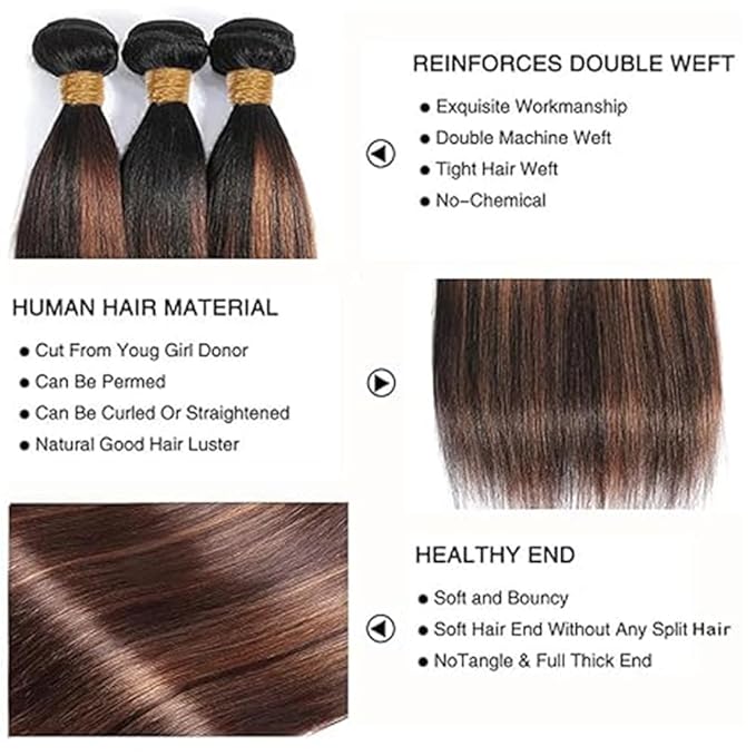 Brown With Highlights Bundles P1B30 Straight Human Hair Bundles Black and Brown Brazilian Human Hair Extensions Soft and Silky for Women 22 22 22 Inch