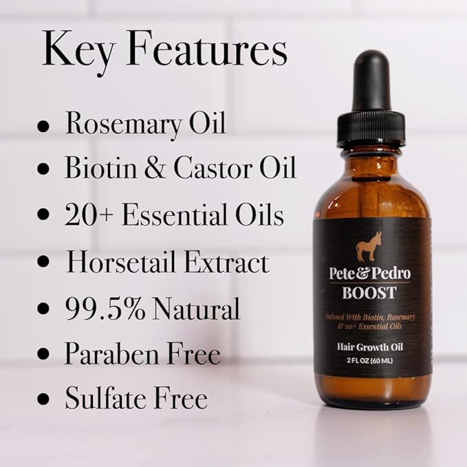 Pete & Pedro BOOST Hair & Beard Growth Serum Strengthening Oil For Men & Women - With Rosemary, Biotin & 20+ Natural Essential Oils | Shark Tank Featured, 2 oz.