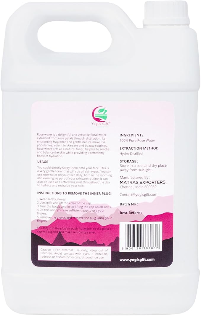 100% Pure Rose Water 1 Gallon (128 fl oz) | for Face & Hair | Alcohol Free & Artificial Coloring Free | by Yogi's Giftยฎ