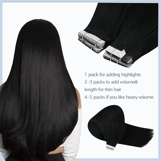 Tape In Hair Extensions 20 Inch Color #1 Straight Hair Extensions HuxoWax Double Weft VirgIn Soft And Silky Remy Invisible Natural Color