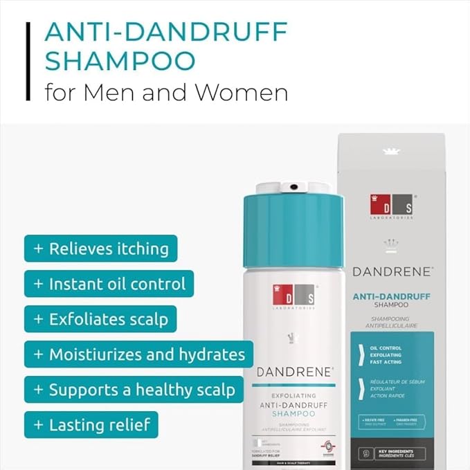 DS Labs Dandrene Dandruff Shampoo - for Flaky, Itchy Scalp, Exfoliating Shampoo for Dry Scalp, Seborrheic Dermatitis, Scalp Psoriasis, Color-Safe, Sulfate-Free, Nanosome Technology, 205mL