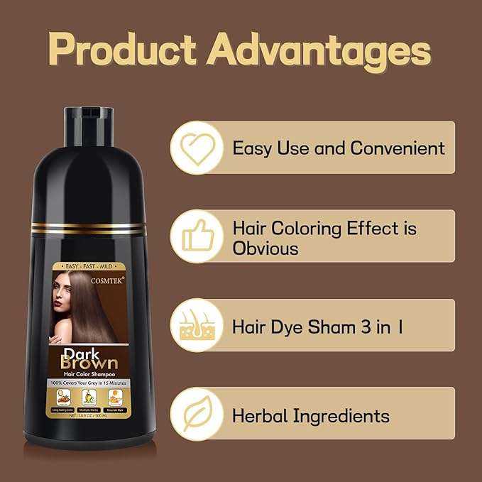 Dark Brown Hair Dye Shampoo, Hair Color Shampoo for Women, 3 in 1 Hair Dye for Gray Hair 100% Grey Hair Coverage/Instant/Herbal Ingredients 17.6 OZ