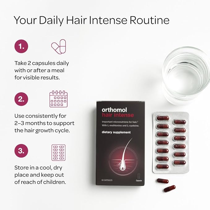 Orthomol Hair Intense, Micronutrients for Healthy Hair, Biotin, Vitamin B6, B12, Zinc, Selenium, Copper, Thiamin, L-methionine, L-cysteine, Pantothenic Acid, Capsules, 30-Day Supply