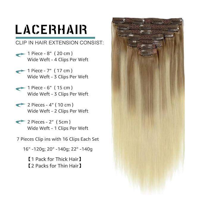 Lacer Balayage Clip in Hair Extensions B#8/60 Light Brown Fading to Platinum Blonde Color Remy Human Hair Extensions Clip in Real Natural Hair Extensions Straight Thick 140g 22 Inch