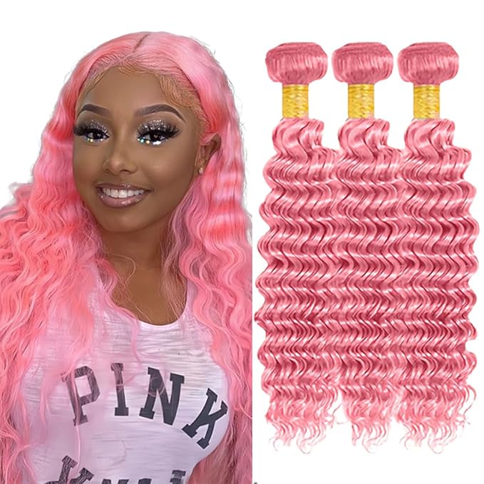 Pink Bundles Human Hair Pure Pink Deep Wave Bundle Peruvian Unprocessed Virgin Remy 3 Bundles 20 22 24 Inch Double Weft Hair Weave 300g
