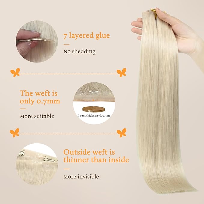 DOORES Human Hair Clip in Extensions, Platinum Blonde 14 Inch 9pcs 130g, Virgin Invisible Edge Weft Silky Straight Hair Extensions for Women