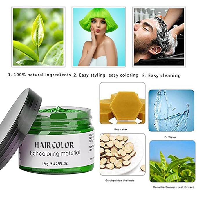 Hair Color Wax, Green Red Purple Pink, 4.23oz Instant Hairstyle Hair Spray, Temporary Hair Color Wax Styling Clays Ash for Cosplay, Party, Masquerade, Halloween.etc