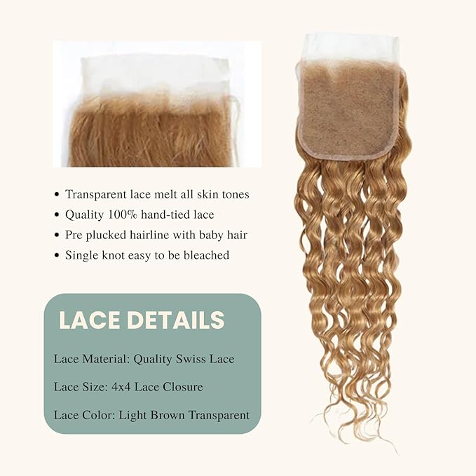 BQRIH #27 Honey Blonde Water Wave Bundles with 4x4 Closure Pre Plucked Human Hair 18 20 22+16, 12A Virgin Brazilian Curly Weaves Soft Bouncy Wet n Wavy Colored 3 Bundles with Transparent Lace Closure
