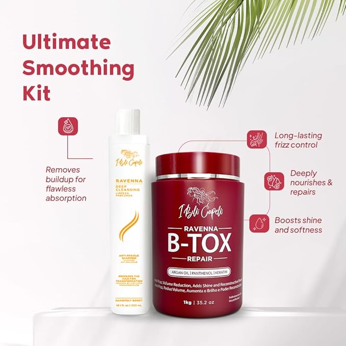 Ravenna Hair Treatment Kit- 1kg/35.02 oz B-tox Hair Mask + 300ml/10.1 fl.oz Anti-Residue Shampoo- Repair & Clarifying Shampoo for Longer Effect