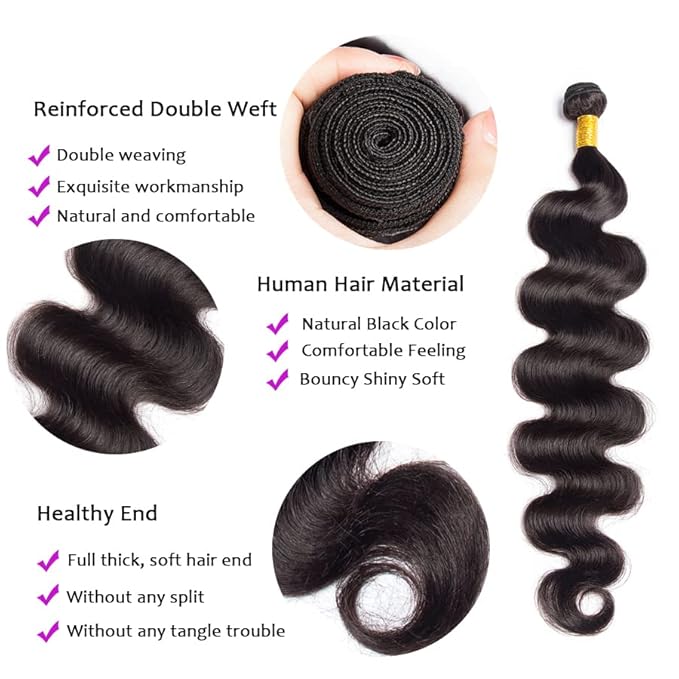 Natural Color Body Wave Bundles Human Hair Body Wave Bundles Color 1B Brazilian Human Hair Weave Extensions Wet and Wavy Soft Silky for Black Women 18 20 22 Inch