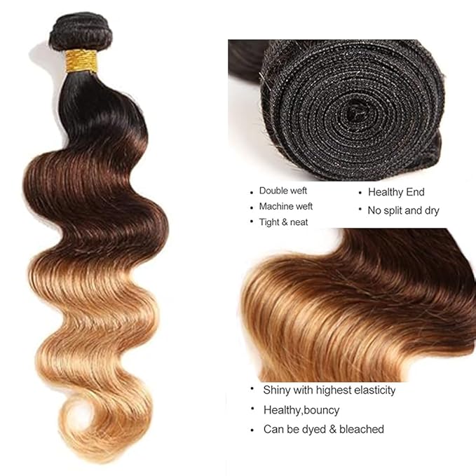 4/27 Human Hair Bundles Ombre Blonde Body Wave Bundle Niegmeag Virgin Soft and Silky Hair 3 Bundles 24 26 28 Inch Double Weft 4/27 Body Wave Bundle Hair Weave