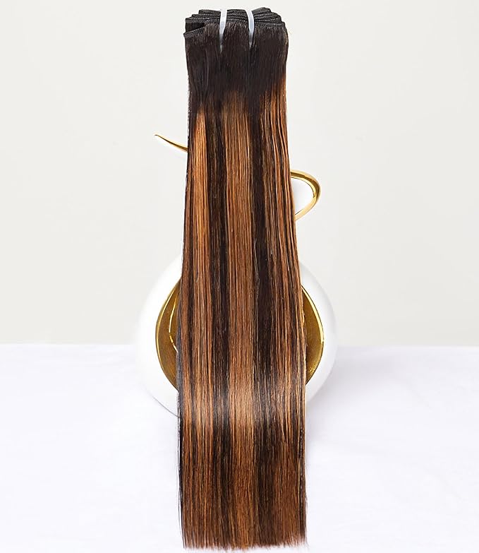 mlip Raw Bundles Human Hair Straight, No Tangle Shedding, Keep Texture Silky Soft After Multiple Washes, 15A Raw Indian Hair Bundles 20 Inches, Brown Highlight Color