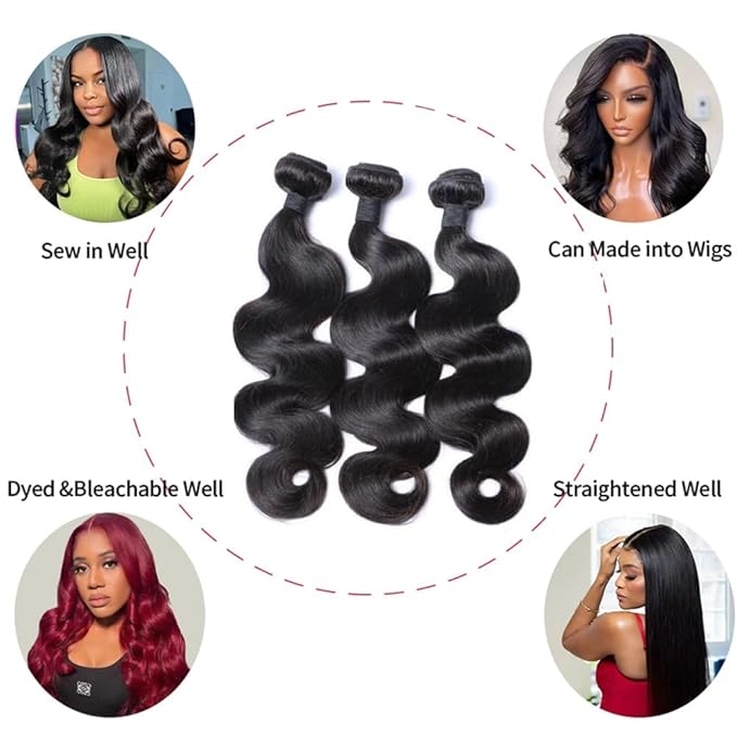Body Wave Human Hair 3 Bundles (16 16 16) 100% Unprocessed Brazilian Virgin Human Hair Extensions Brazilian Body Wave Weave Bundles Soft and Silky Natural Black Wavy Hair Quick Weave Bundle for Women