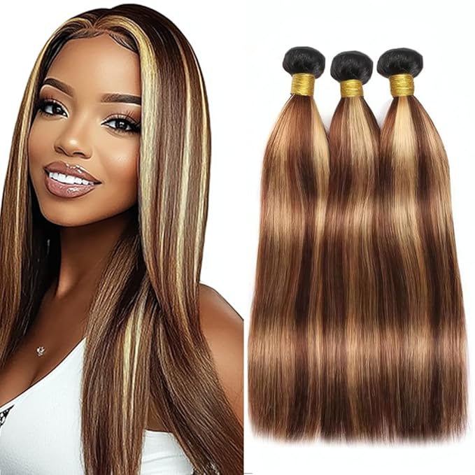 Ombre Straight Bundles P427 Straight Bundles Dark Brown and Honey Blonde Two Tone Brazilian Human Hair Extensions Soft and Silky for Black Women 10 12 14 Inch