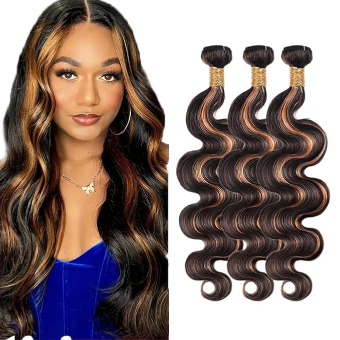 30 32 34 Inch P1B30 Body Wave Bundles Human Hair Highlight Bundles Unprocessed Peruvian Virgin Remy Hair Extensions Niegmeag Hair 2 Tone Black and Brown Bundle