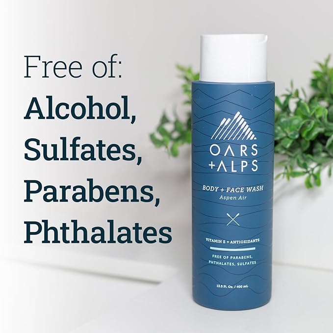 Oars + Alps Mens Moisturizing Body and Face Wash, Skin Care Infused with Vitamin E and Antioxidants, Sulfate Free, Aspen Air, 1 Pack