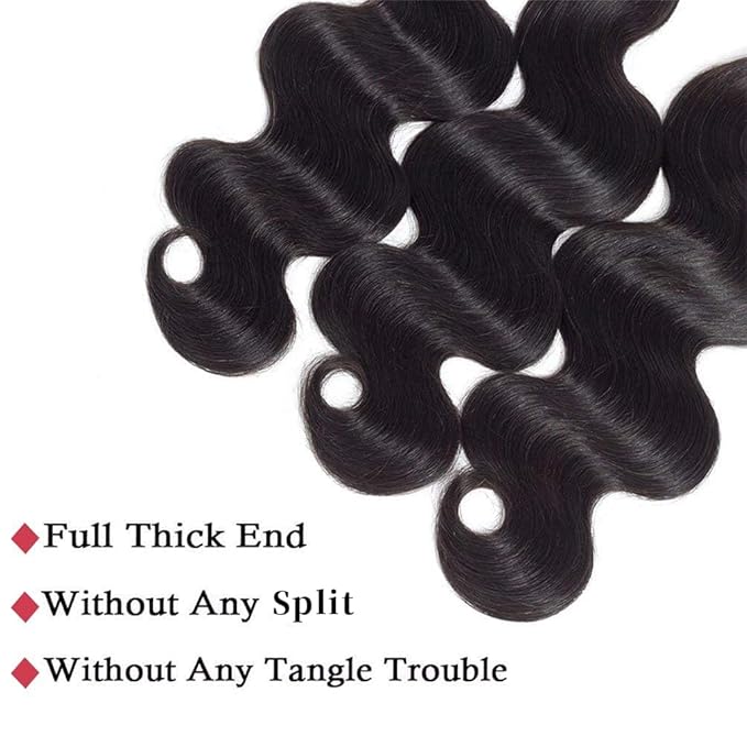 Body Wave Human Hair 3 Bundles (16 16 16) 100% Unprocessed Brazilian Virgin Human Hair Extensions Brazilian Body Wave Weave Bundles Soft and Silky Natural Black Wavy Hair Quick Weave Bundle for Women