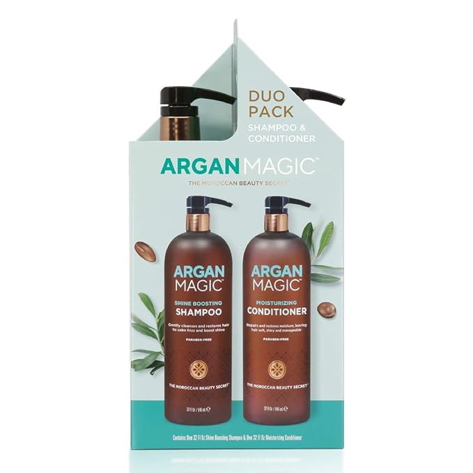 Argan Magic Shine Boosting Shampoo & Moisturizing Conditioner Duo - Gently Cleanses, Boosts Shine, Controls Frizz, Restores Moisture, Detangles | Made in USA, Paraben Free, Cruelty Free (32 oz)