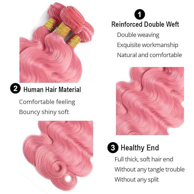 Pink Bundles Human Hair Pink Body Wave Bundles 16 18 20 Inch Niegmeag Peruvian Virgin Remy Hair Extensions Double Weft Light Rose Body Wave Bundle