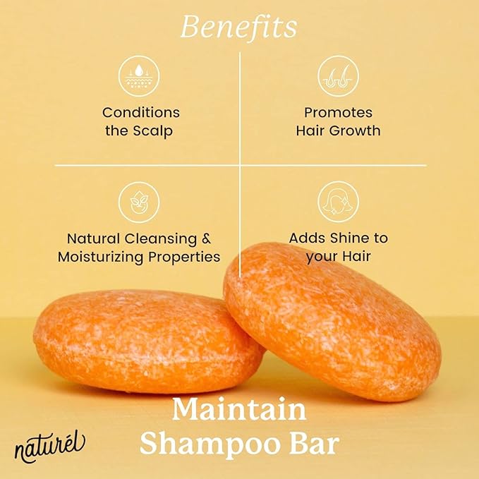 Naturel Maintain Shampoo and Conditioner Bar Set with Grapefruit Oil and Castor Oil for Hair Growth and Shine, Vegan and Cruelty Free, Zero Waste, Made in USA