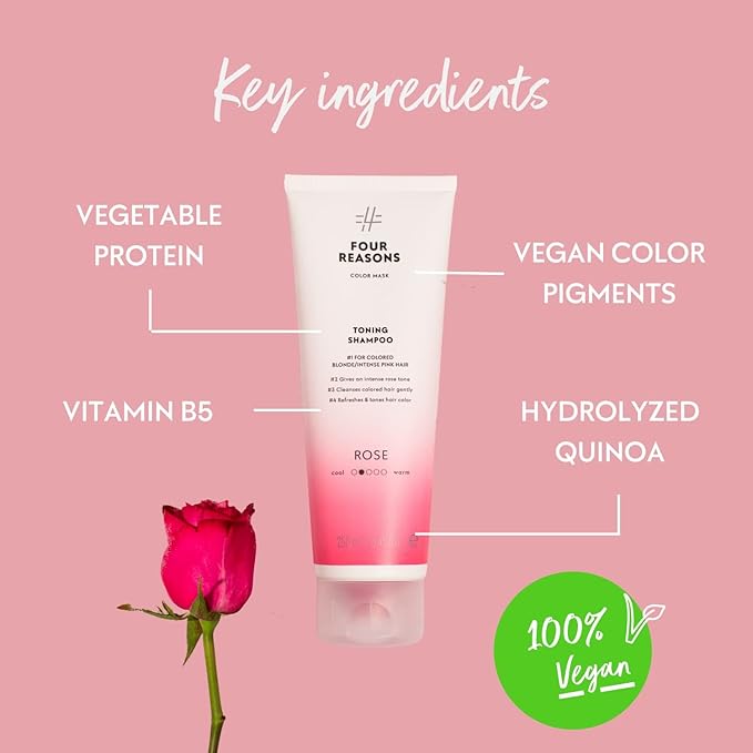 FOUR REASONS Hair Color Shampoo (8 Colors) - Sulfate Free Pink Hair Toner - Color Depositing Shampoo for Color Treated Hair, Vegan, 8.45 Fl Oz (Rose/Pink)