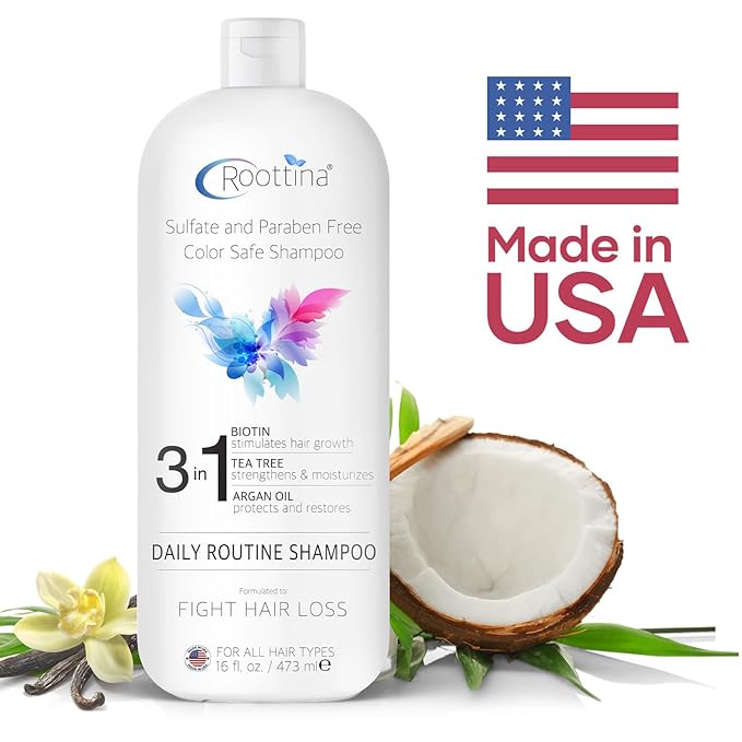 Fights Hair Loss, Roottina Daily Routine Shampoo, Strengthens and Fortifies, Promotes Hair Growth, Hair Thickening Shampoo with DHT Blockers, Coconut and Vanilla Scent, Made in USA (16 fl oz)
