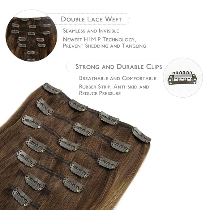 WENNALIFE Real Human Hair Extensions, 14 Inch 120g 7pcs Balayage Chocolate Brown to Caramel Blonde