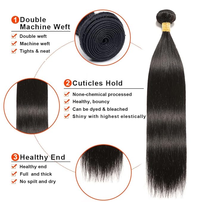 Human Hair Bundles Color #1B Straight Human Hair Bundles Brazilian Grade 8A Virgin Hair Extensions 22 24 26 Inch Natural Black Straight Hair Weave