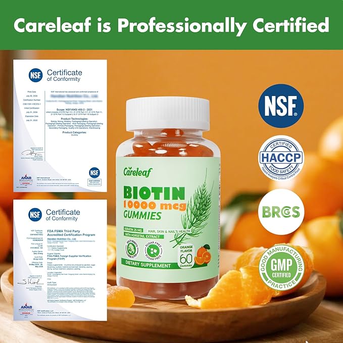 Biotin Gummies, Hair Growth Gummies with 10000 mcg Biotin/Collagen/Keratin, Hair Vitamins for Fuller Hair, Stronger Nails, Glowing Skin, Beauty Support for Women, 60 Count, Orange Flavor