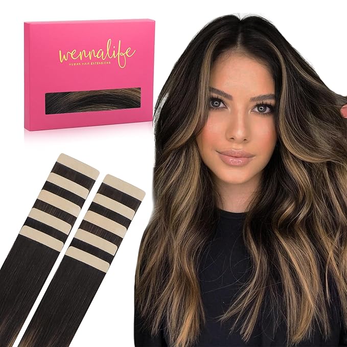 WENNALIFE Tape in Hair Extensions Human Hair Balayage Natural Black to Chestnut Brown Tape in Extensions, 10pcs 20g 10 inch Remy Invisible Tape Ins Straight Soft Real Human Hair Tape in Extensions