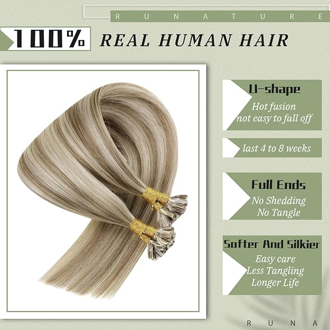 RUNATURE Ktip Human Hair Extensions Ash Brown with Platinum Blonde Keratin U Tip Hair Extensions Hot Fusion Utip Hair Extensions Human Hair Straight K Tip Hair Extensions Silky 16 Inch 50g 50s
