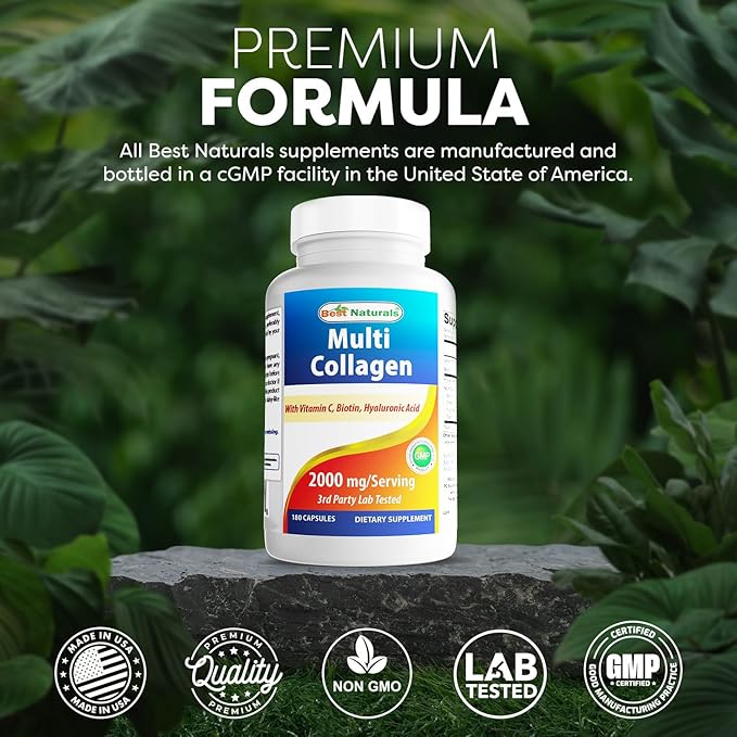 Best Naturals Multi Collagen Pills 2000mg for Women & Men - Hydrolyzed Collagen Peptides Capsules for Hair Skin and Nails with Types I II III V X, Biotin, Hyaluronic Acid & Vitamin C
