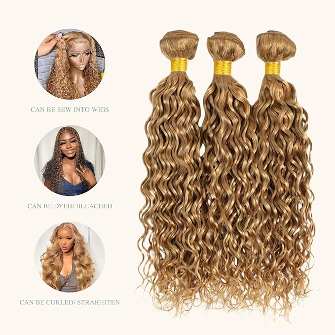 BQRIH #27 Honey Blonde Water Wave Bundles with 4x4 Closure Pre Plucked Human Hair 18 20 22+16, 12A Virgin Brazilian Curly Weaves Soft Bouncy Wet n Wavy Colored 3 Bundles with Transparent Lace Closure