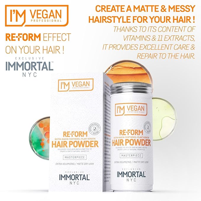Immortal NYC Re-Form Hair Powder - Vegan Volumizing Matte Powder for Hair & Beard, Biotin, Panthenol & Plant Keratin, Extra Volume, Messy Matte Look, 20g
