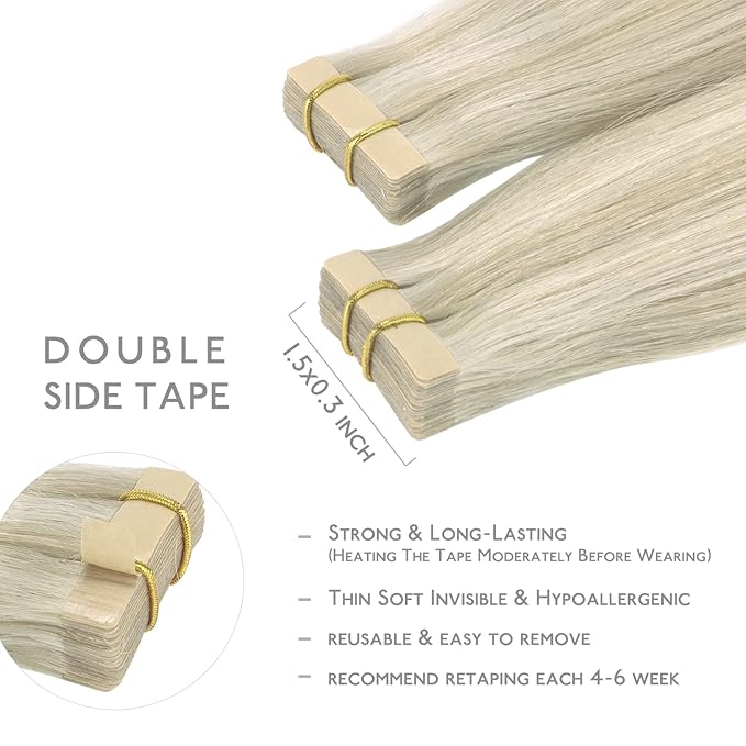 WENNALIFE Tape in Hair Extensions Human Hair, 20pcs 50g 18 inch Ash Blonde Highlighted Platinum Blonde Remy Hair Extensions Straight Human Hair Tape in Extensions Skin Weft Tape Extensions Human Hair