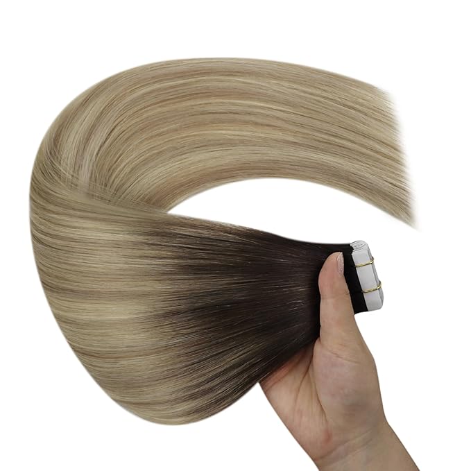 YoungSee Tape in Hair Extensions Real Human Hair Ombre 16In Invisible Tape in Hair Extensions Dark Brown Ombre Blonde with Brown Balayage Tape ins Human Hair Extensions Silky Straight 20pcs 50g