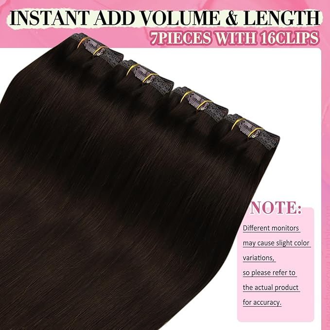YoungSee Clip in Human Hair Extensions Brown Clip in Extensions Real Human Hair Darkest Brown Human Hair Clip in Extensions Ease to Use 22Inch 7Pcs 120G