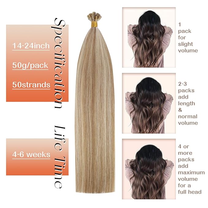 Sunny Hair K Tip Hair Extensions Real Human Hair Light Brown with Blonde Flat Tip Human Hair Extensions Keratin Extensions Human Hair 14inch 50g