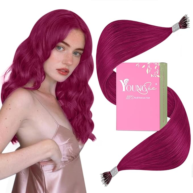 YoungSee Nano Ring Hair Extensions Magenta Nano Human Hair Extensions Burgundy Nano Bead Hair Extensions Human Hair Colorful Nano Hair Extensions Colored Nano Tip Hair for Role Playing 25s 25g 20inch