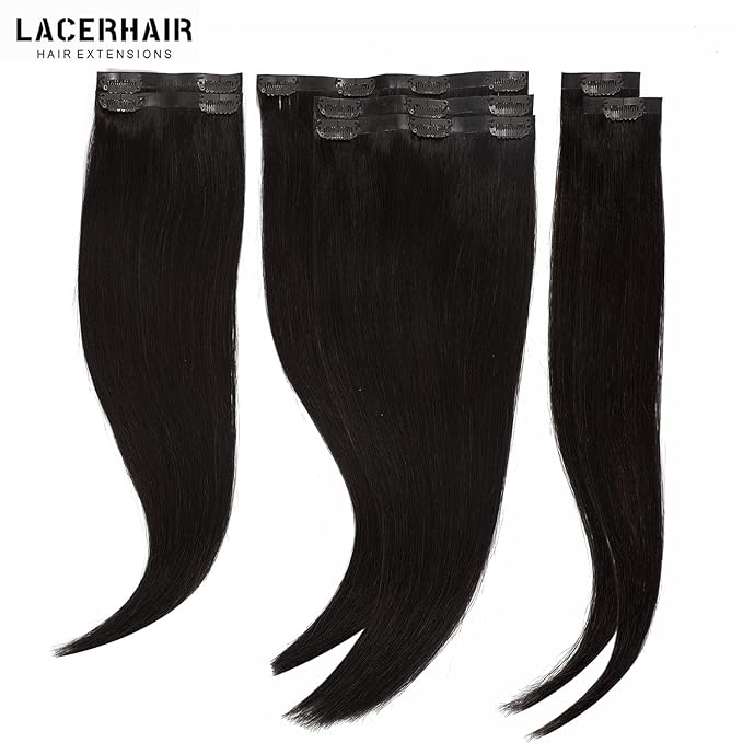 Lacer Hair Seamless Ultra Thin Invisible PU Weft Clip On Hair Extensions 22 Inch 7Pcs 110g Clip in Human Hair for Fine Thin Hair Women #1B Natural Black