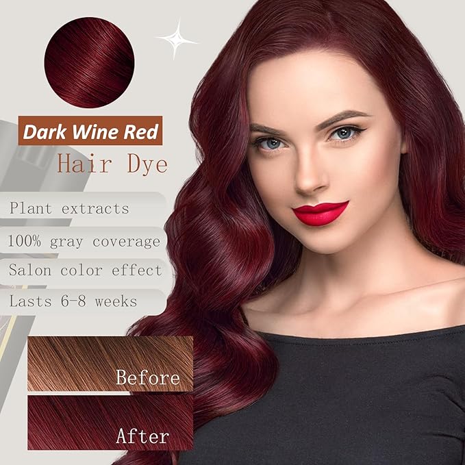 Dark Wine Red Hair Dye Shampoo 3 in 1, Dark Burgundy for Men & Women Hair Colors in Minutes, Shampoo Para Canas Long-Lasting 16.9 Fl Oz (Dark wine red)